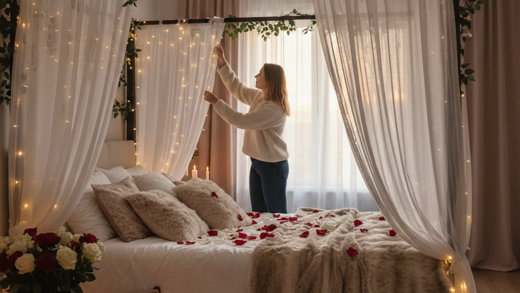 Obraz pokazujący przytulne i romantyczne wnętrze sypialni, gdzie młoda kobieta jest w trakcie jej urządzania