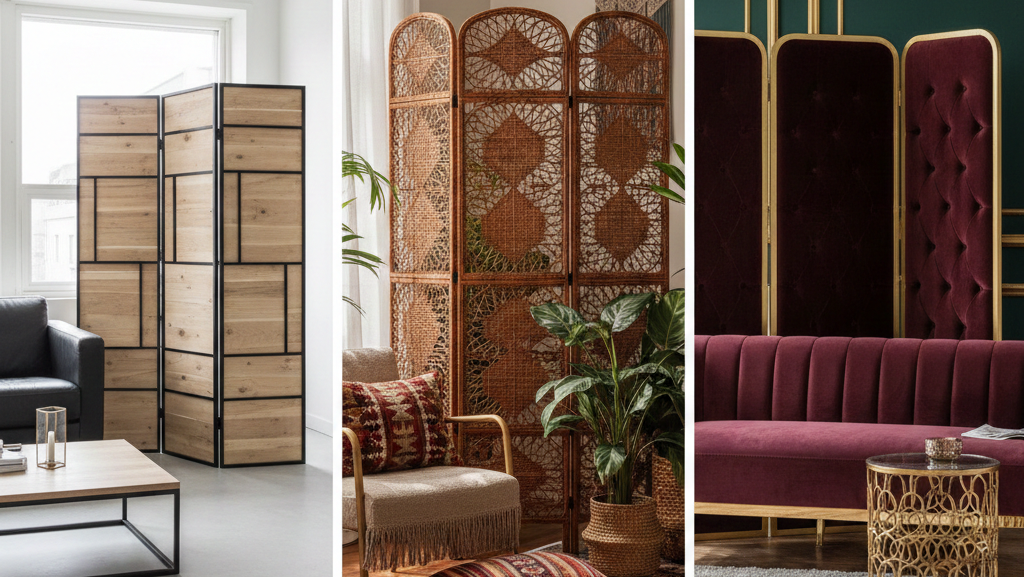 Obraz jest kolażem trzech pionowych ujęć, które ilustrują, jak parawany mogą pasować do różnych estetyk dekoracyjnych