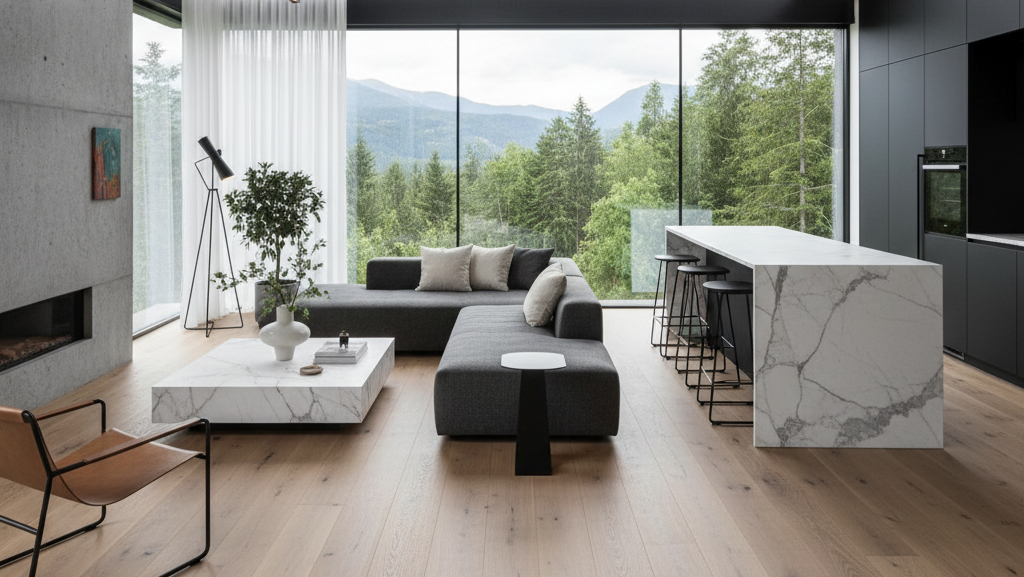 Obraz pokazujący przestronne, nowoczesne wnętrze utrzymane w minimalistycznym stylu, z dominującymi odcieniami szarości, bieli i naturalnego drewna, otwarte na rozległy krajobraz zielonych gór i lasów