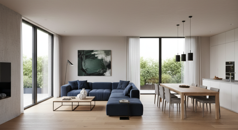 Obraz pokazujący przestronne, nowoczesne wnętrze utrzymane w minimalistycznym stylu