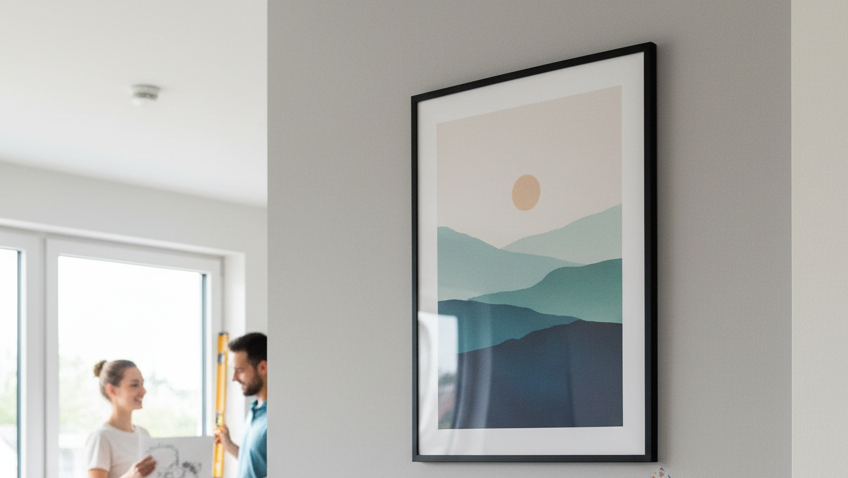 Obraz pokazujący fragment nowoczesnego wnętrza, gdzie główną rolę odgrywa szara ściana dekorowana różnymi plakatami i akcesoriami do ich mocowania