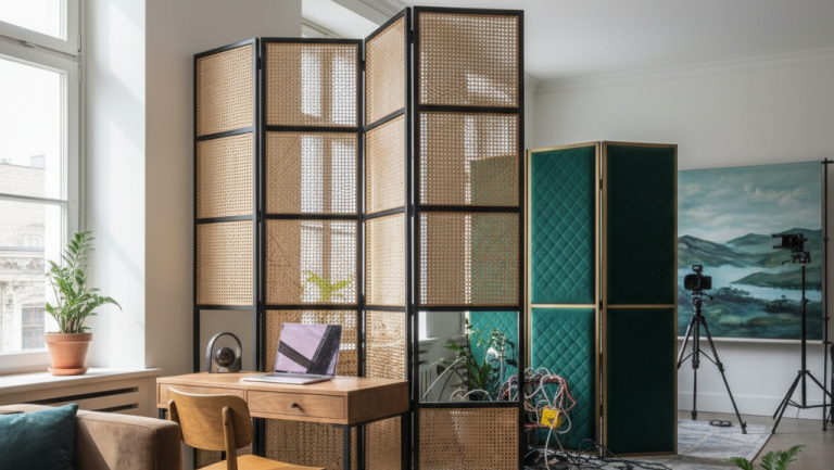 Obraz pokazujący realistyczne ujęcie pokoju z parawanem, utrzymane w ciepłej, naturalnej palecie barw, z dominującymi beżami, brązami i zielenią