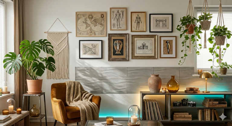 Obraz przedstawia przytulne, bogato udekorowane wnętrze salonu, utrzymane w eklektycznym stylu łączącym elementy boho, vintage oraz industrialne