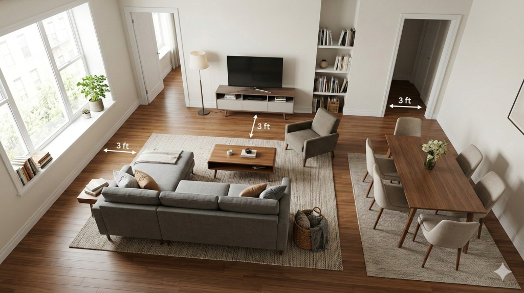 Obraz przedstawia przestronny, nowocześnie urządzony salon z jadalnią, ukazany z perspektywy lotu ptaka