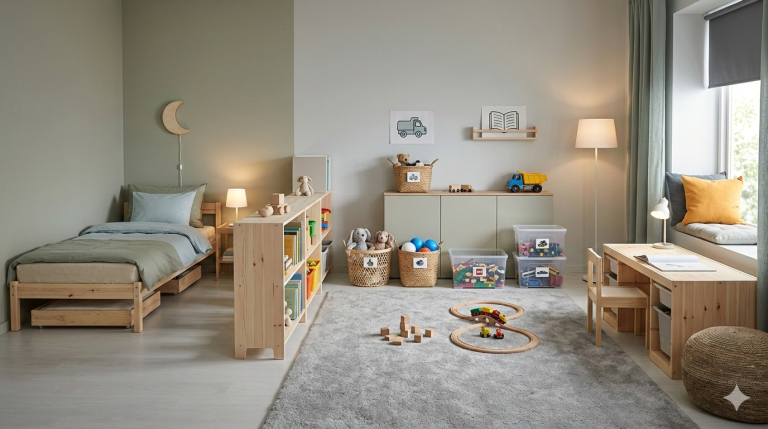 Obraz przedstawia jasny, przestronny pokój dziecięcy w formacie panoramicznym, wyraźnie podzielony na funkcjonalne strefy zgodnie z zasadami psychologii rozwojowej
