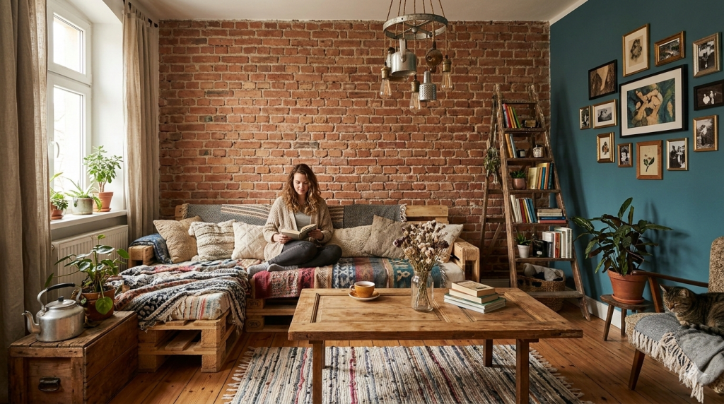 Obraz przedstawia przytulny, eklektyczny salon, który jest żywym dowodem na to, że kreatywność i personalizacja mogą całkowicie odmienić wnętrze bez konieczności przeprowadzania generalnego remontu