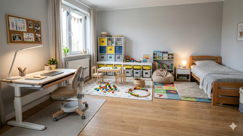 Obraz przedstawia jasne, przestronne wnętrze podzielone na trzy wyraźne strefy funkcjonalne, zgodnie z zasadami ergonomii