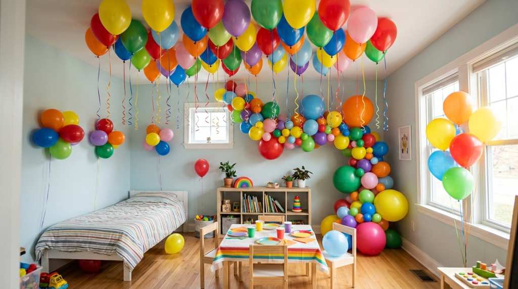 Obraz przedstawia jasny, nowocześnie urządzony pokój dziecięcy, który został w pełni udekorowany na przyjęcie urodzinowe