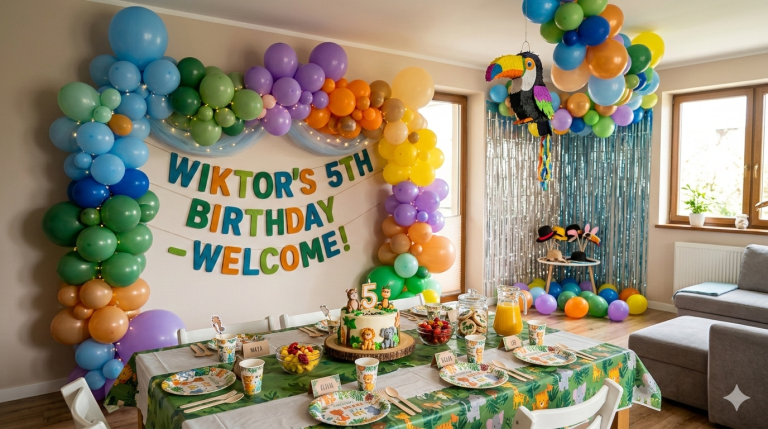 Grafika przedstawia jasny, nowocześnie urządzony salon przygotowany do celebracji urodzin