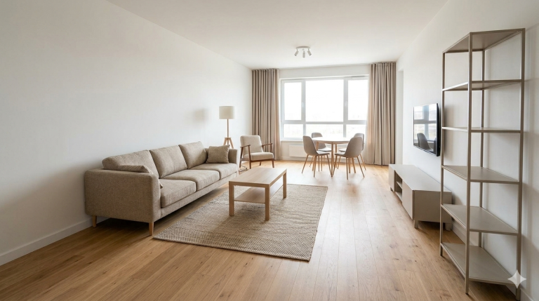 Grafika przedstawia jasny, nowoczesny salon zaprojektowany zgodnie z zasadami ergonomii i optycznego powiększania przestrzeni