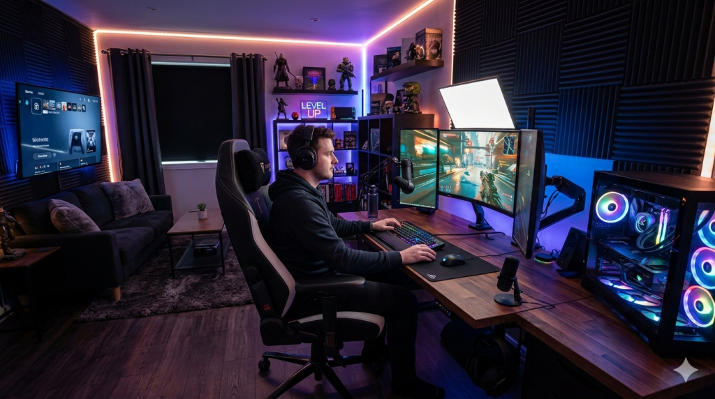 Grafika przedstawia przestronny, nowocześnie urządzony pokój gamingowy, który łączy funkcję profesjonalnego stanowiska pracy i rozrywki z domową strefą relaksu